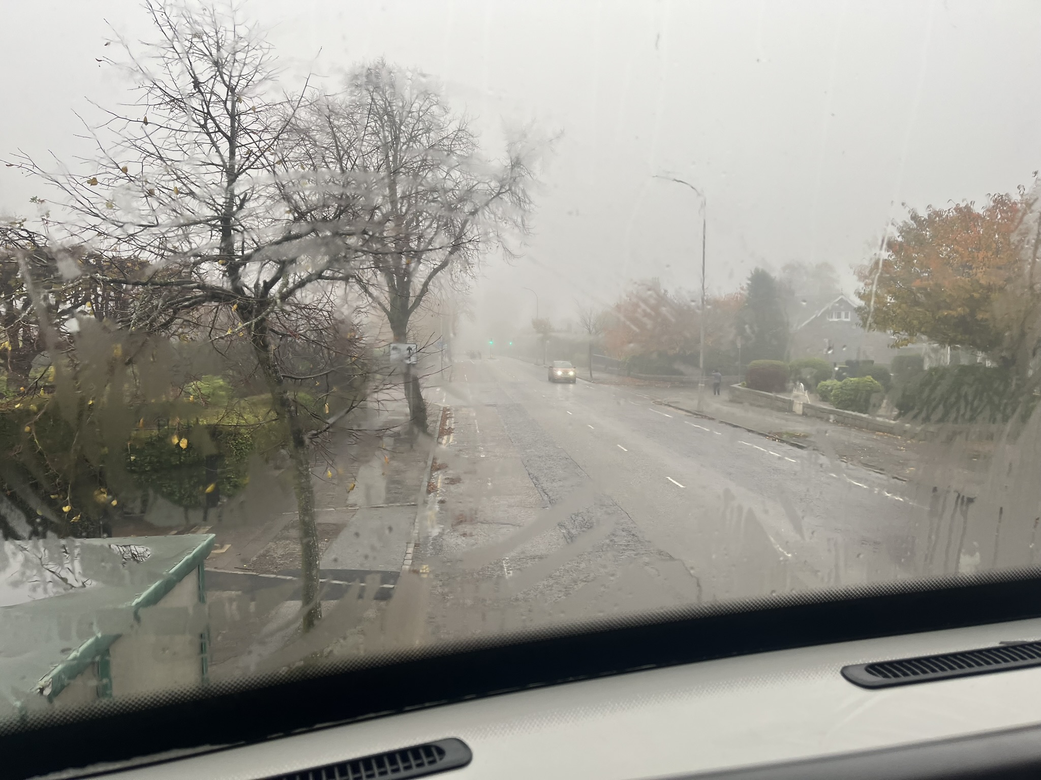 View from a bus on a wet and misty November morning